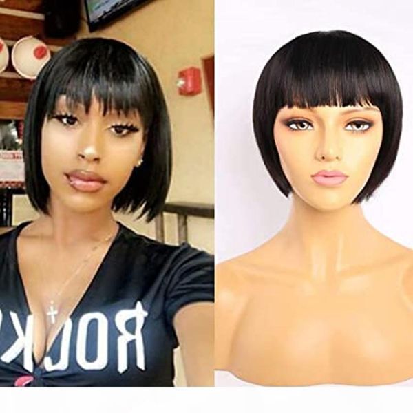 

straight short bob wigs brazilian straight human hair wigs with bangs 130% density none lace front wig for black women, Black;brown