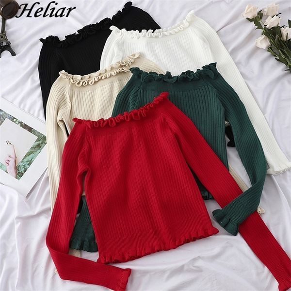 HELIAR Off Schulter Pullover Frauen Casual umper Langarm Rüschen Pullover Elastische Strick Crop Romper + s Herbst 201221