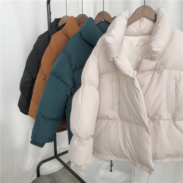 

2021 winter stand collar down cotton short coat loose drawstring woman parkas casual thickened cotton padded jacket streetwear, Black