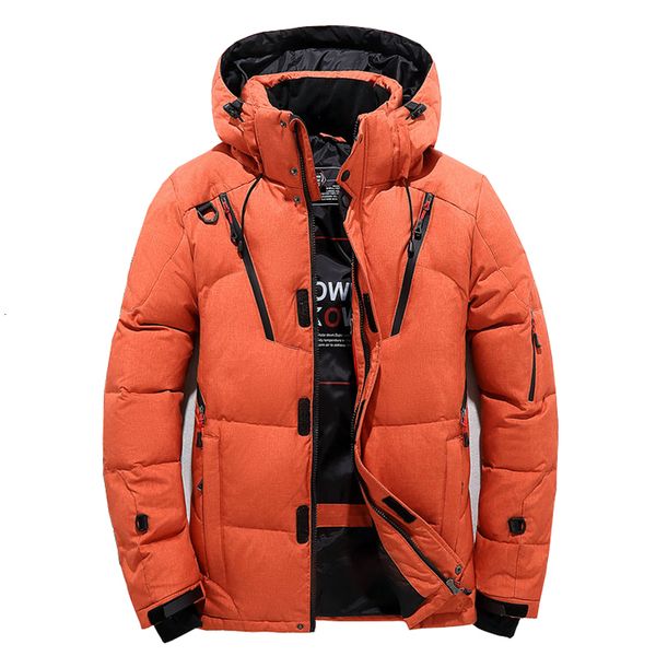 

men down thick warm winter jacket hooded thicken duck parka coat casual slim overcoat many pockets mens orange blue black grey t200907