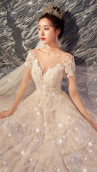 

gorgeous a-line v-neck sequins formal wedding gowns long sweep train tulle empire waist appliques lace up ruched wedding dresses, Black