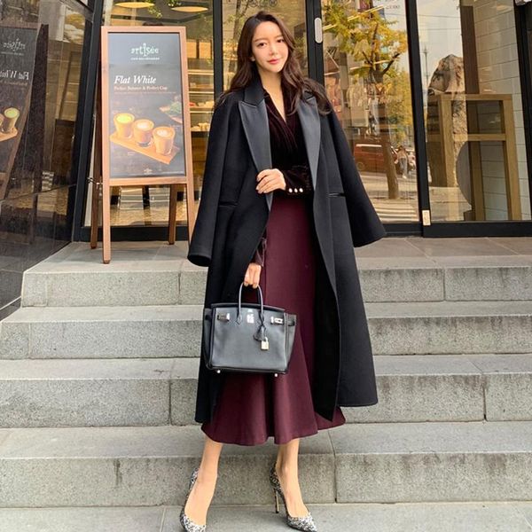 

women's jackets [ewq]2021 winter over knee style turn-down collar long-sleeved solid color straight minimalist woolen overcoat with bel, Black;brown