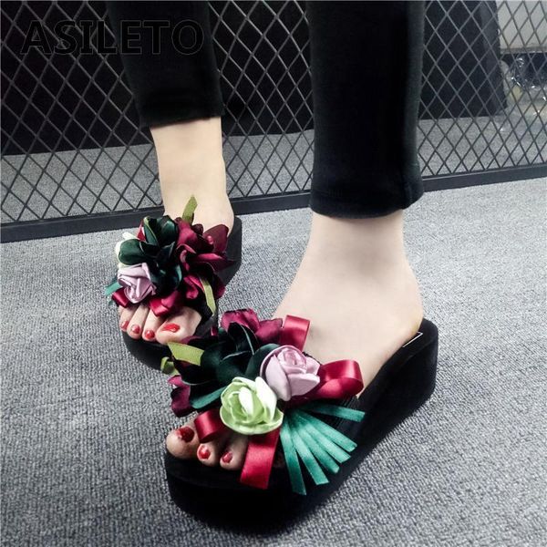 

asileto 2020 summer slippers women flip flops beach platform sandals ladies flowers wedge jelly shoes slides sandalias mujer466, Black