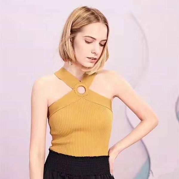 

women knitted cross halter crop straps cotton camisole femme camis with hole women 2020 summer tank1, White