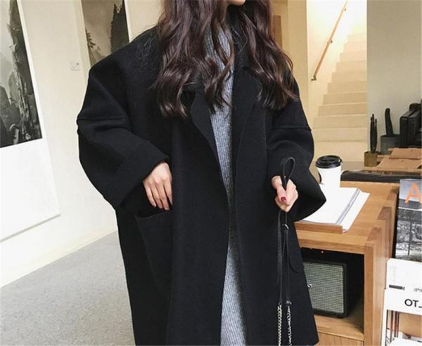 

winter women blend coat loose long sleeve thick big pocket women outerwear fashion, Black