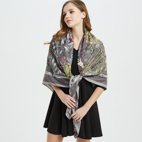 

130*130cm silk women scarf with floral twill satin print scarf sunscreen shawl female bandana big square women 2020, Blue;gray