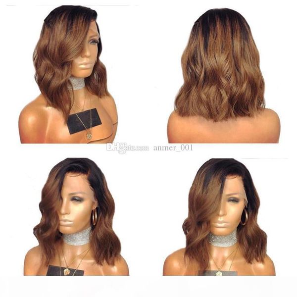 

1b 30 lace front human hair wigs ombre color full lace wig brazilian 150% density short wigs for black women, Black;brown