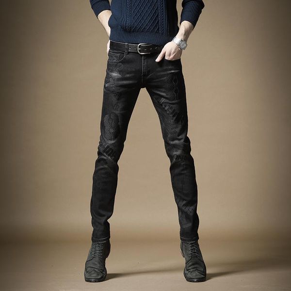 

men's jeans autumn winter black printed straight fashion streetwear denim trousers slim fit stretch pants, Blue