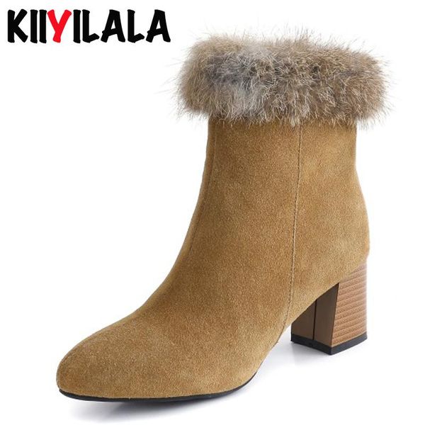 

kiiyilala natural fur cow suede snow boots women pointed toe wood grain heel zipper winter shoes warm plush womens boots, Black