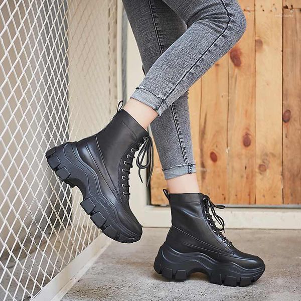 

wedges shoes women's new winter boots cow leather round toe high bottom british shool increased high mid-calf boots1, Black