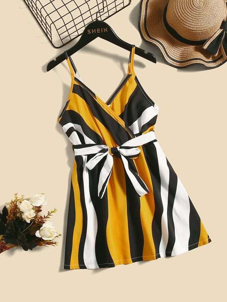 

girls colorblock overlap collar belted cami dress she, Red;yellow