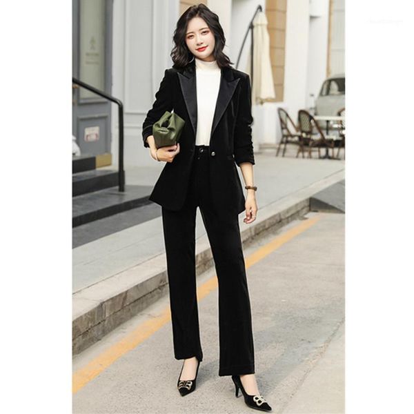 

women's suit velvet slim temperament quality suit two-piece women's blazer with trousers set business casual wear1, White