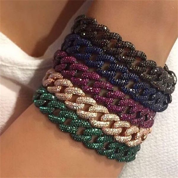 

hip hop bling bling iced out miami cuban chain bracelets micro pave rainbow red green blue cz colorful women men fashion jewelry t200422, Black