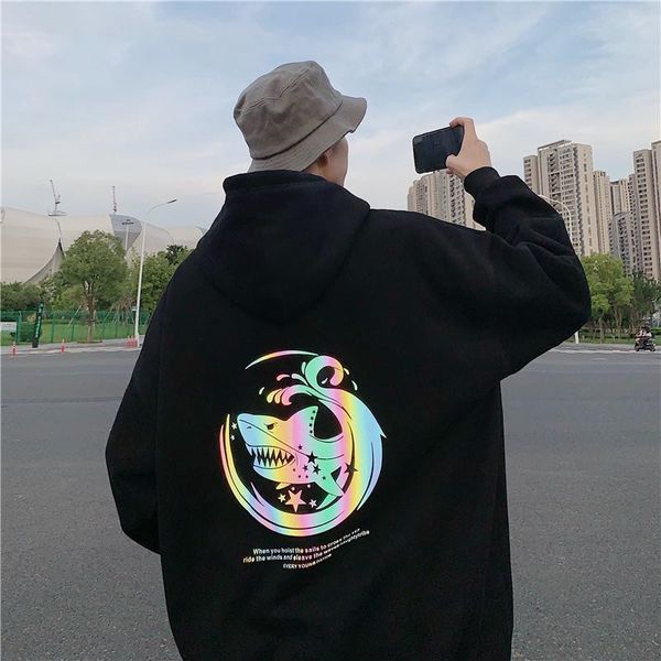 

shark reflective hoodie streetwear men hip hop oversized sweatshirt cool animal casual spring autumn japan hoodies male, Black