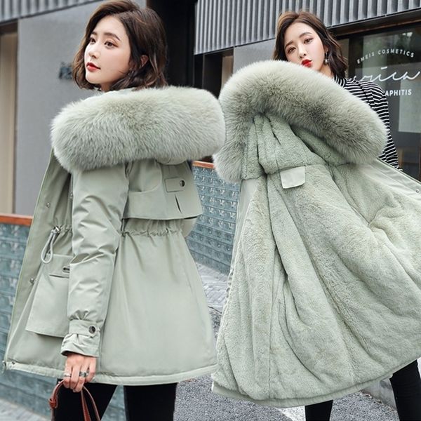 

plus size loose cotton padded long coat warm thicken hooded women outerwear fashion big fur collar parkas female winter jacket 201119, Black