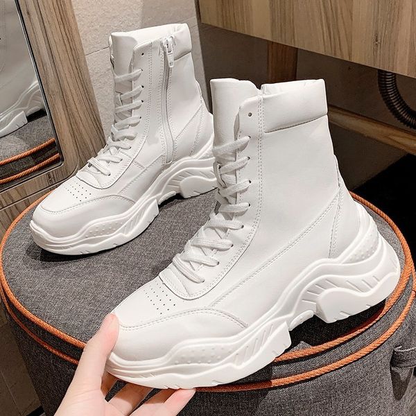 

2020 зимняя женщины ботильоны мода платформа бренда boots коренастый кожа женская обувь гладиатор женщина белый черный, Black