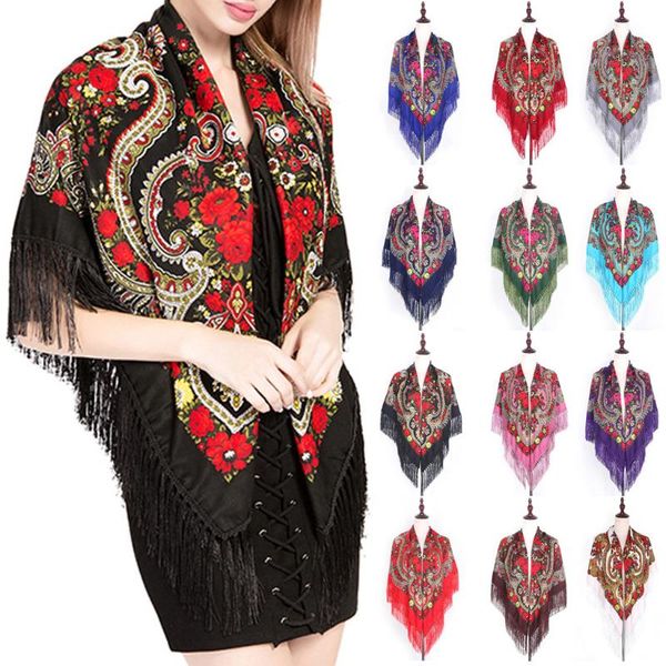

russian ethnic style women square scarf floral print tassel scarf retro flower blanket shawl fashion ladies scarves wraps #35, Blue;gray