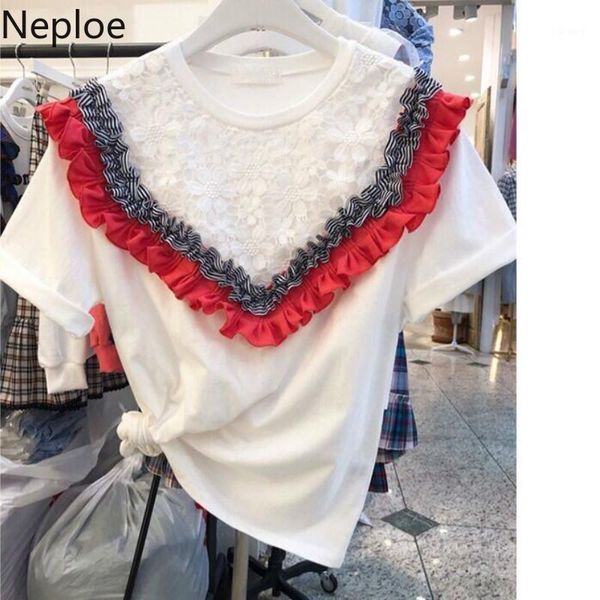 

women's t-shirt neploe lace patchwork women t shirts o-neck short sleeve tees korean loose cotton ladies 437761, White