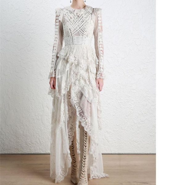 

casual dresses [] 2021 full sleeve bandage round neck hollow white dress embroidery lace patchwork women autumn clothes q357, Black;gray