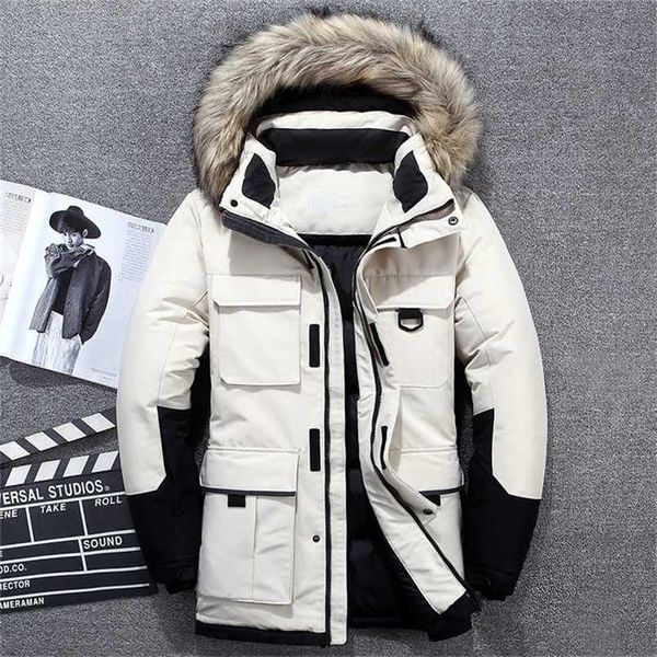

-40 degrees white duck down jacket men thick winter big fur collar warm parka waterproof windproof 220105, Black