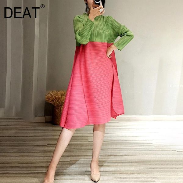 

casual dresses [deat] 2021 autumn fashion women pleated dress hit color loose elegant stand collar knee-length full sleeve over size tx544, Black;gray