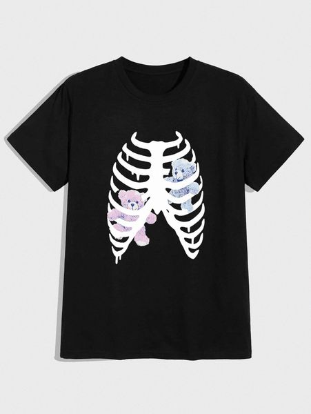 

romwe guys skeleton & cartoon bear graphic tee 24mv#, White;black