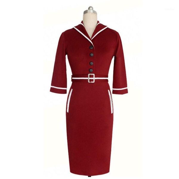 

new solid office lady dress with belt brief elegant work dresses bodycon female three quarter sleeve sheath dress for women1, Black;gray