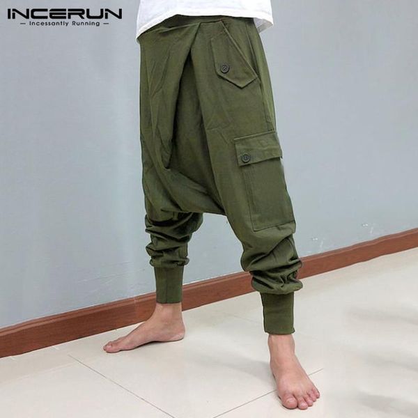 

fashion buttons elastic trousers incerun mens drop crotch pants leisure solid harem pants mens cotton cozy pantalones plus size, Black