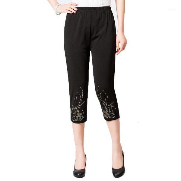 

2019 new fashion middle aged women solid color straight pants capris casual elastic waist summer calf-length pants plus size 5xl1, Black;white