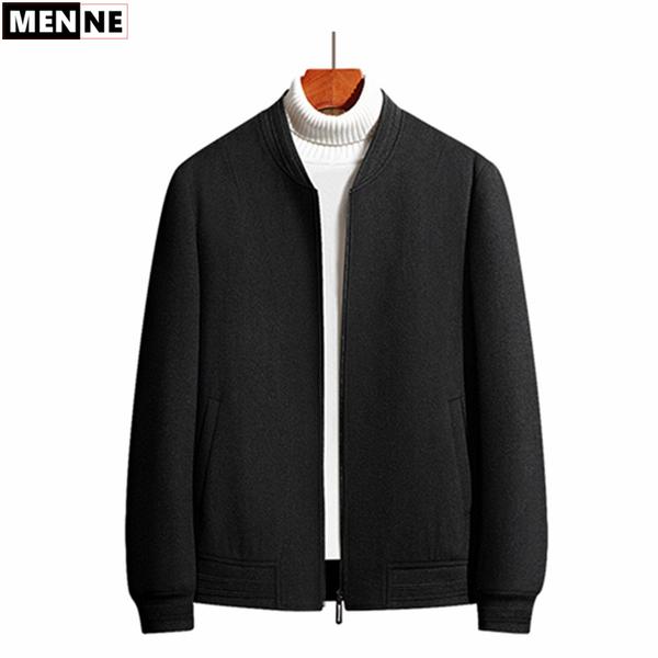 

menne men jacket business casual warm wool coat solid baseball collar mens jacket woolen coat, Black