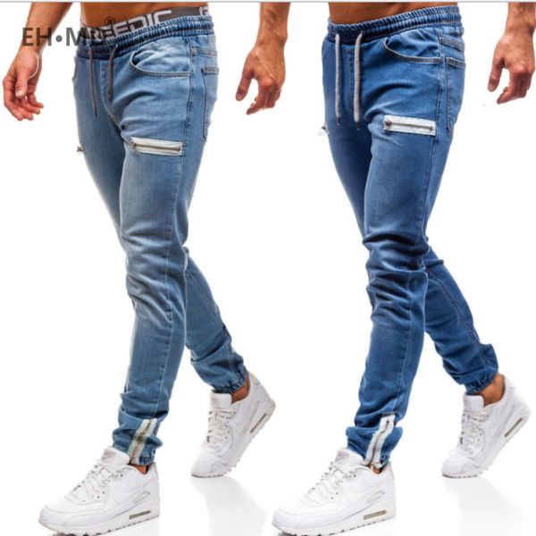 

ehÂ·mdÂ® men's denim fabric casual frosted zipper design sports jeans men's black beam elastic band cotton zip pockets and feet q010, Black;white