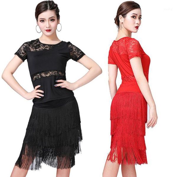 

women solid color o-neck lace perspective short-sleeved shirt fringed latin dance dress performance exercise clothes two-piece1, Black;red