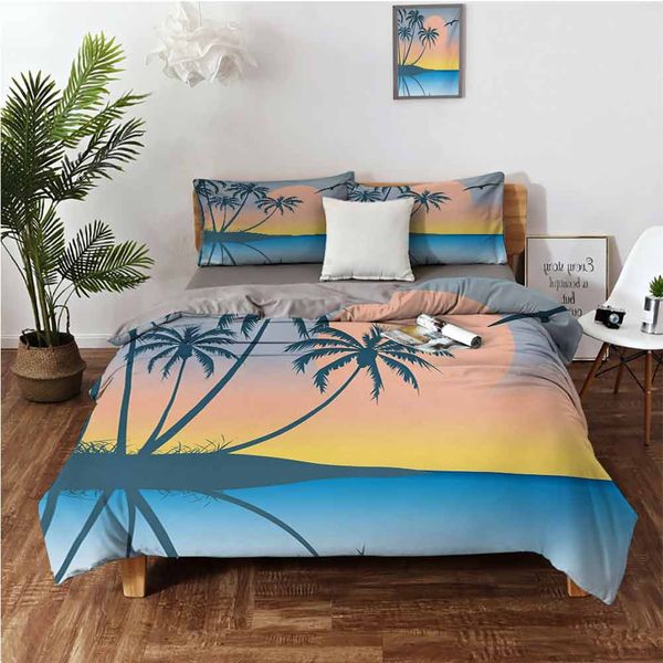 

tropical island setting sun exotic bird small island and ocean soft color palettebedding 3-piece set