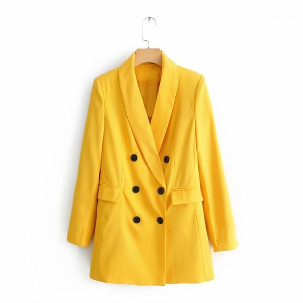 

women chic yellow blazer 2020 fashion pockets double breasted long sleeve office wear coat solid female casual outerwear, White;black