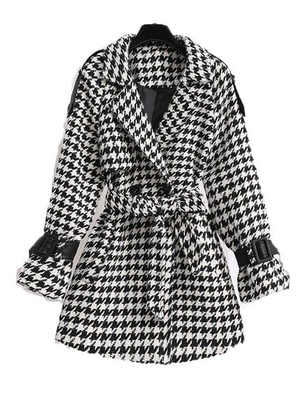 

autumn winter women outfit belt overcoat long design hepburn fashion new plover grid woolen cloth coat leisure vogue, Black