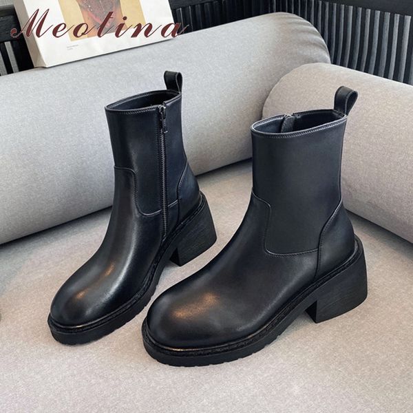 

meotina ankle boots women shoes natural genuine leather platform high heel short boots zip thick heels boots lady autumn winter c0202, Black