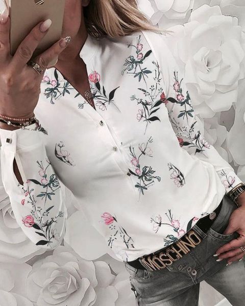 

autumn spring women fashion shirt floral v-neck long-sleeved printed shirt female casual blouse1, White