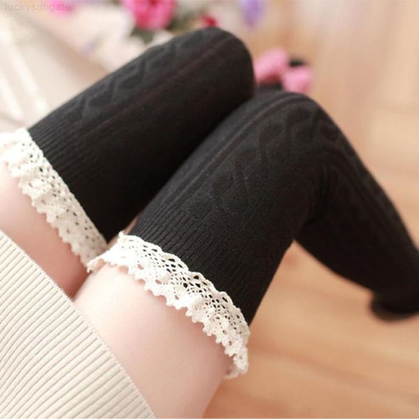 

lace over winter sale knee leg women warme fashion soft knitting crochet sock elastic moistureproof women's sokken, Black;white