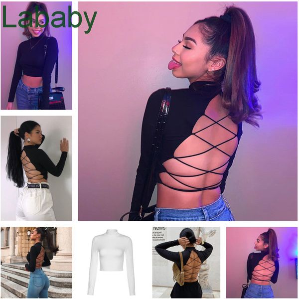 

women ins 2021 spring and summer designer new round neck long sleeve open back bandage slim t-shirt girl, White