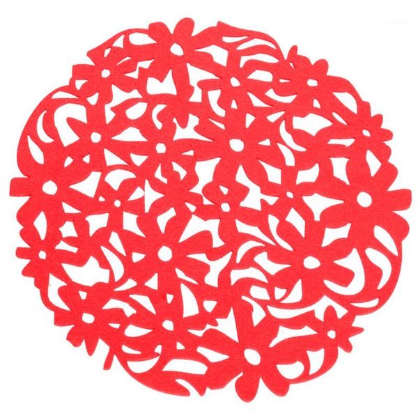 Tappetini All'ingrosso- Tovagliette rotonde in feltro con fiori tagliati al laser Cuscino per tazze da tavola da cucina Red1