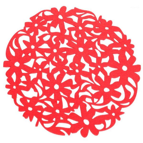 

mats & pads wholesale- round laser cut flower felt placemats kitchen dinner table cup cushion red1