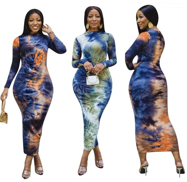 

skinny dress long sleeve crew neck bodycon dresses ladies gradient autumn clothes women tie dye, Black;gray