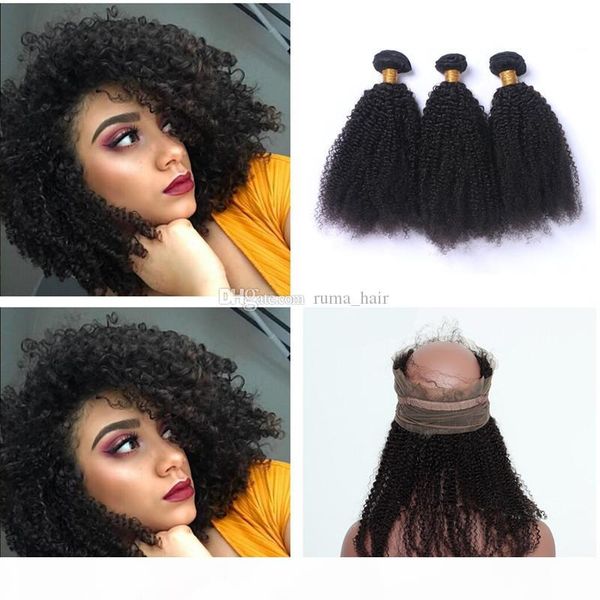 

afro kinky 360 lace frontal with bundles brazilian human virgin hair afro kinky curly hair with 360 lace frontal pre plucked, Black;brown