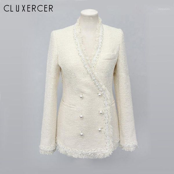 

korea style black white tweed jacket 2019 autumn winter women long sleeve v neck elegant overcoat pearls tassels cardigan coat1, Black;brown