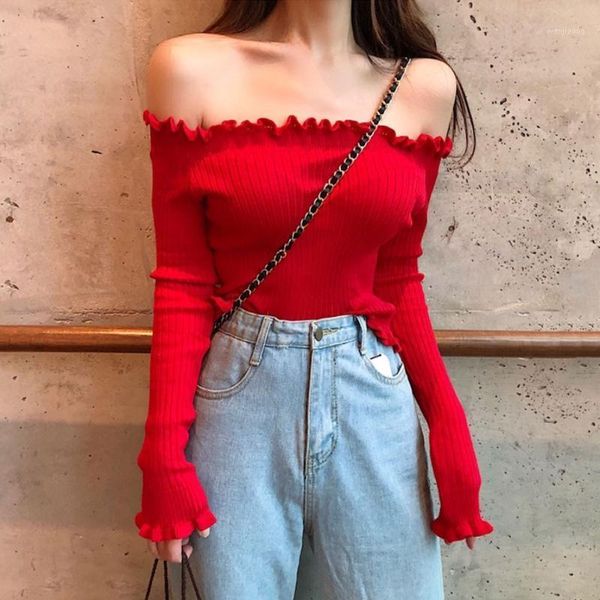 

knit sweater solid long sleeve fashion daily thin spring off shoulder slim fit autumn casual women sweater1, White;black