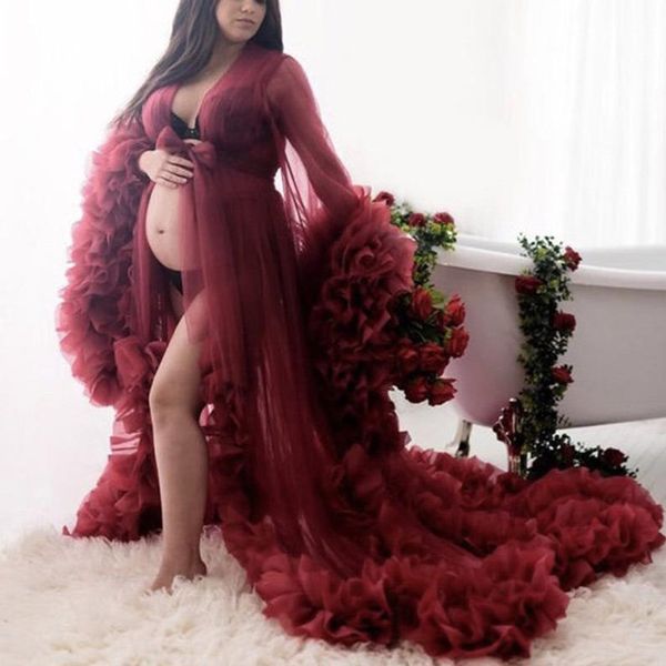 2021 Seksi Burgundy Gelin Fluffy Tül Cobles Özel Yapımı Doğum Tül Soyunma Elbisesi Po SHOOT Kadınlar Uzun Sheer Tül Dres252c