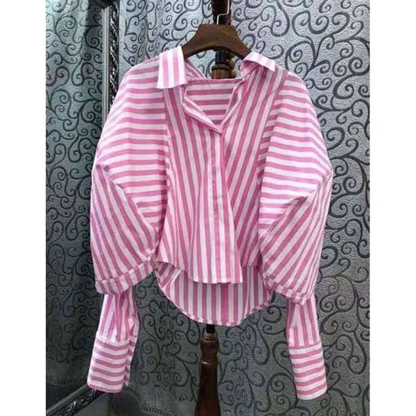 

autumn 2020 new style relaxed and versatile lantern personalized fashion long sleeve striped shirt, White