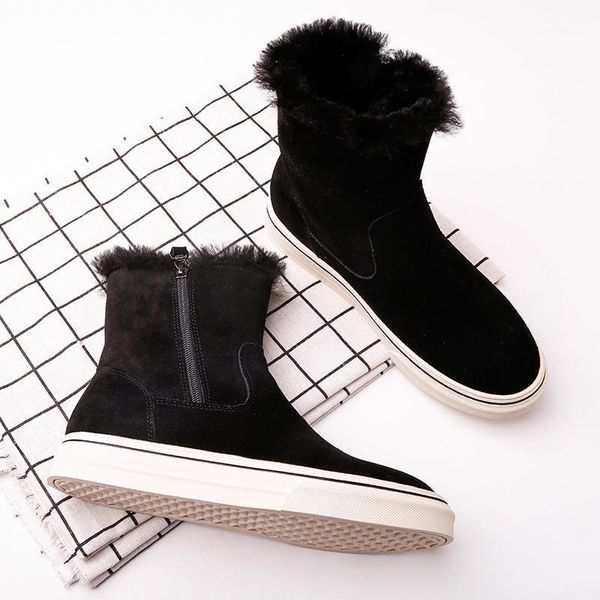 

boots simple elegant warm wear-resistant non-slip winter snow women flat-bottomed suede leather thick women's shoes1, Black