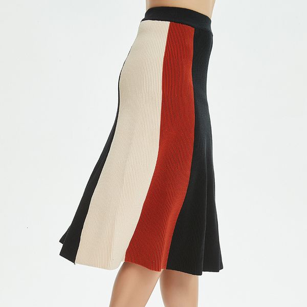

2021 new knitting wool high waist skirt women faldas saia jupe elegant vintage red black khaqi contrast color patchwork a-line skirts tt7l