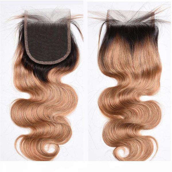 

t1b 27 honey blonde 4*4 lace closure with baby hair around body wave brazilian virgin human hair 1pc closure bleached knots, Black;brown